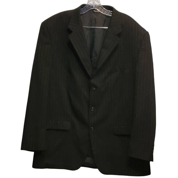 Chaps Men's Black With White Pin Stipes Pure Wool Woolmark Blazer Suit Coat 48L - Picture 1 of 9